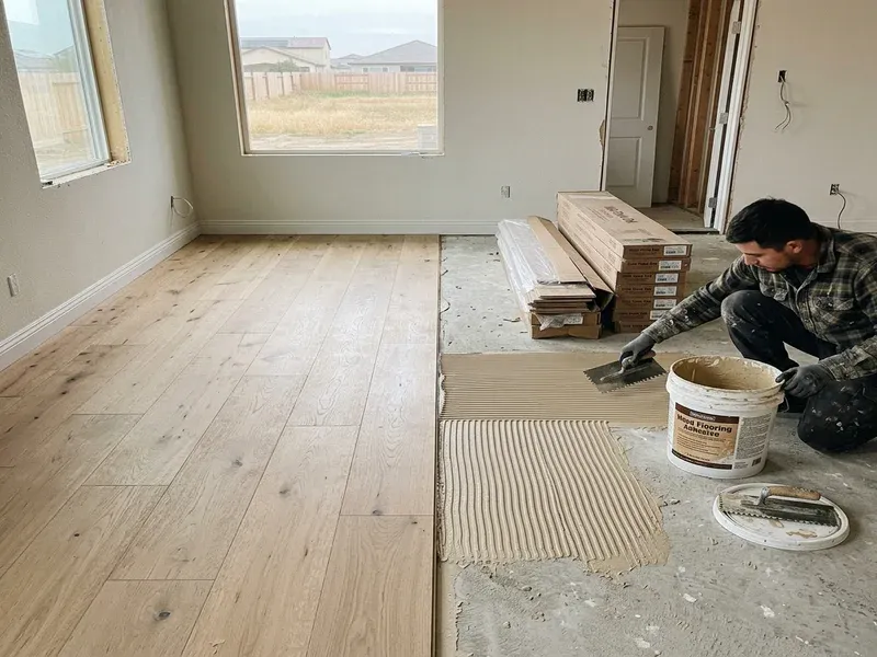 Engineered wood plank glued down over a concrete slab in Bakersfield