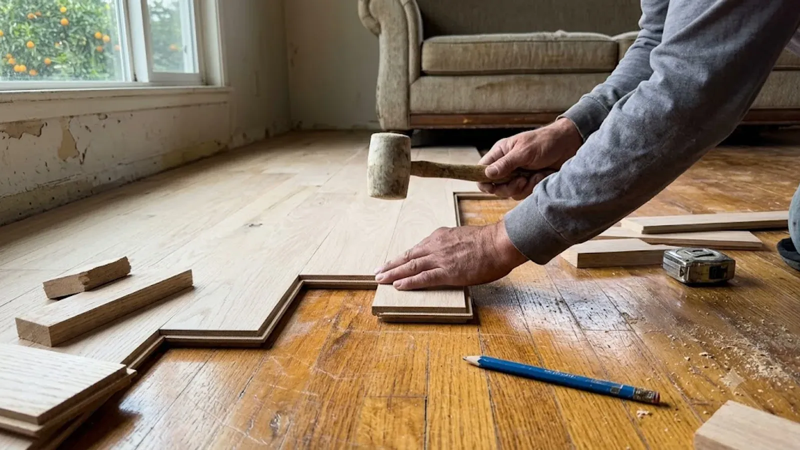 Hardwood floor patch being woven into an existing run in Bakersfield, CA