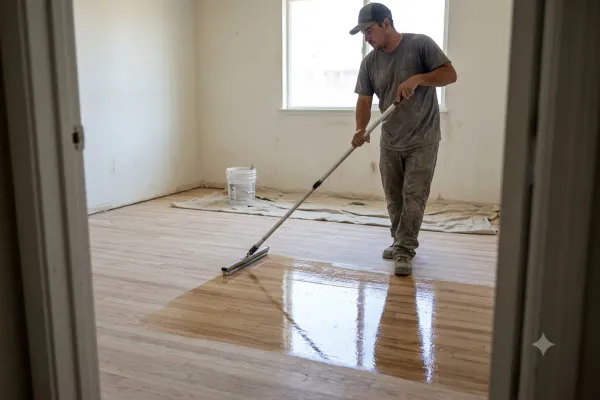 Finish coat being applied to a refinished hardwood floor in Bakersfield, CA