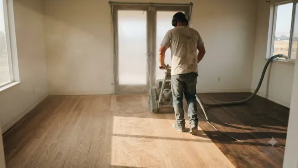 Hardwood floor refinishing with a belt sander in a Bakersfield, CA home