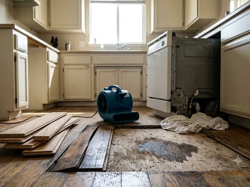 Worn hardwood floor before refinishing in a Bakersfield bungalow