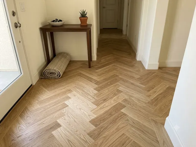 Herringbone pattern wood floor installed in a Bakersfield entry