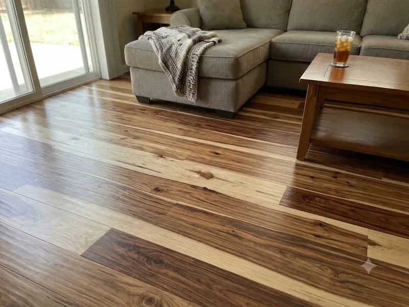 Hickory hardwood flooring with strong color variation in a Bakersfield home