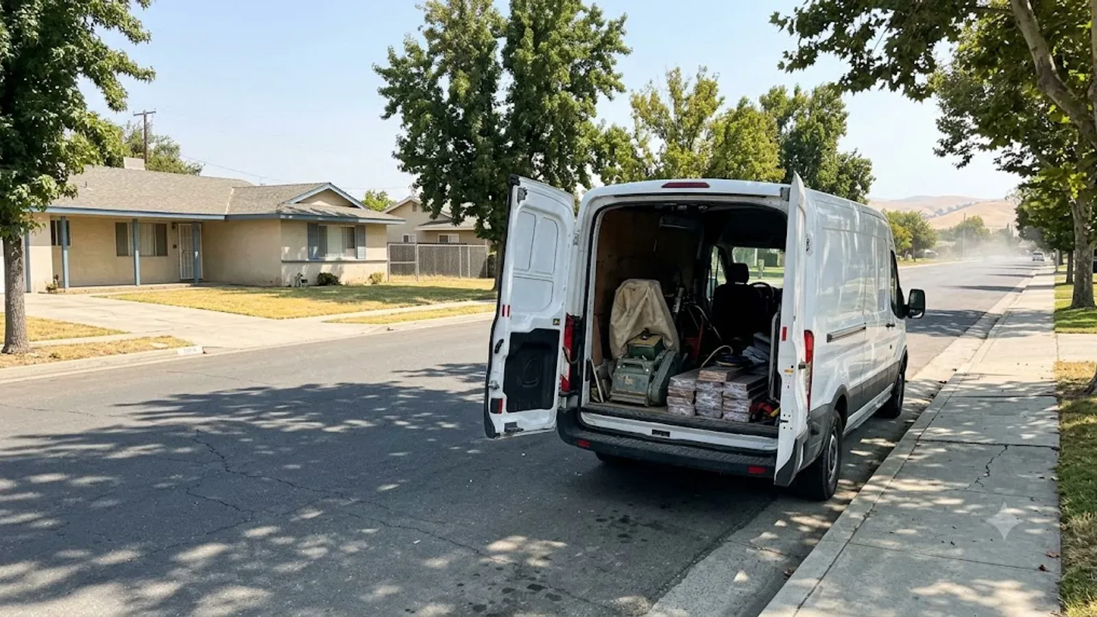 Wood flooring service van parked outside a Kern County, CA home