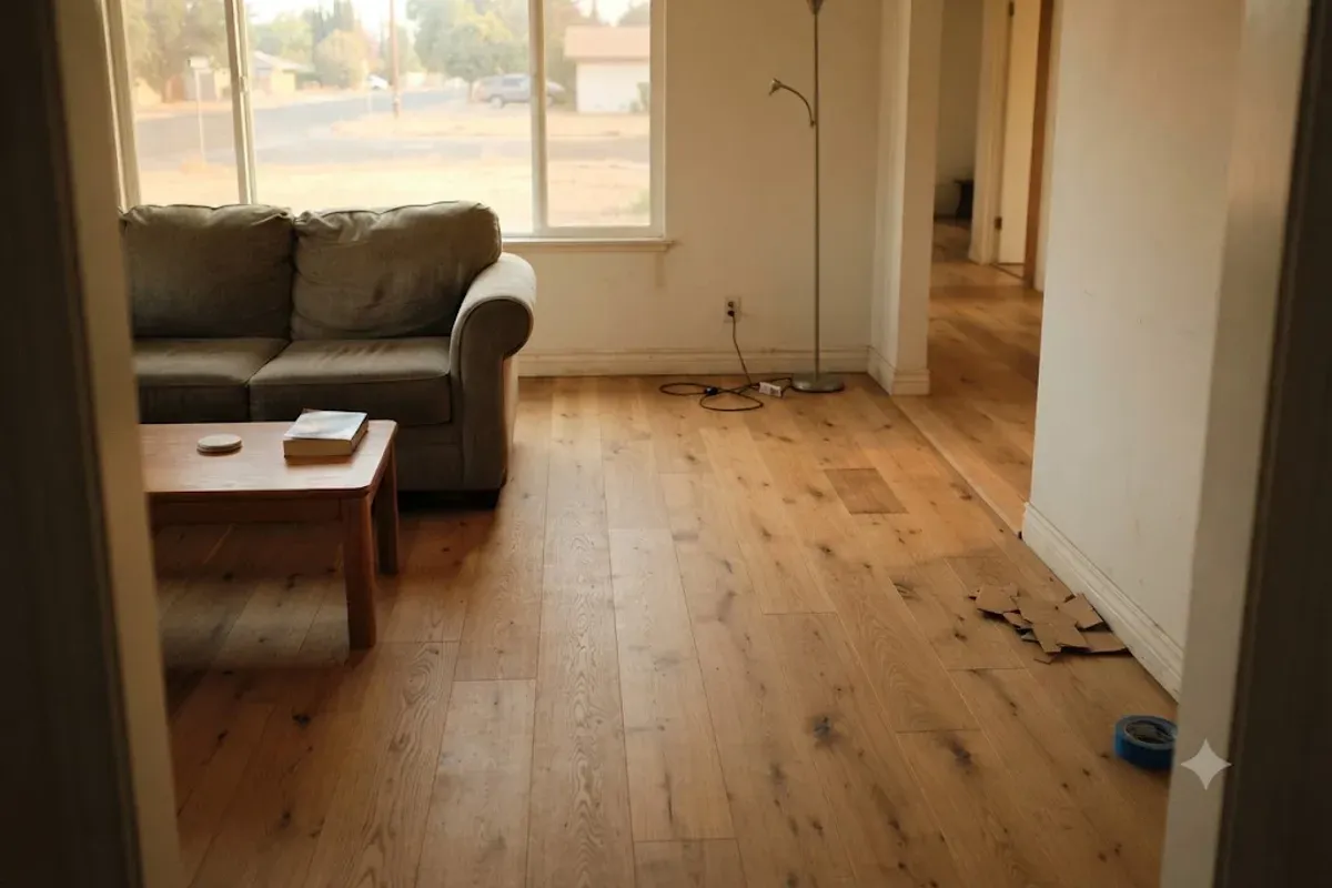 Finished new hardwood floor in a Bakersfield, CA living room