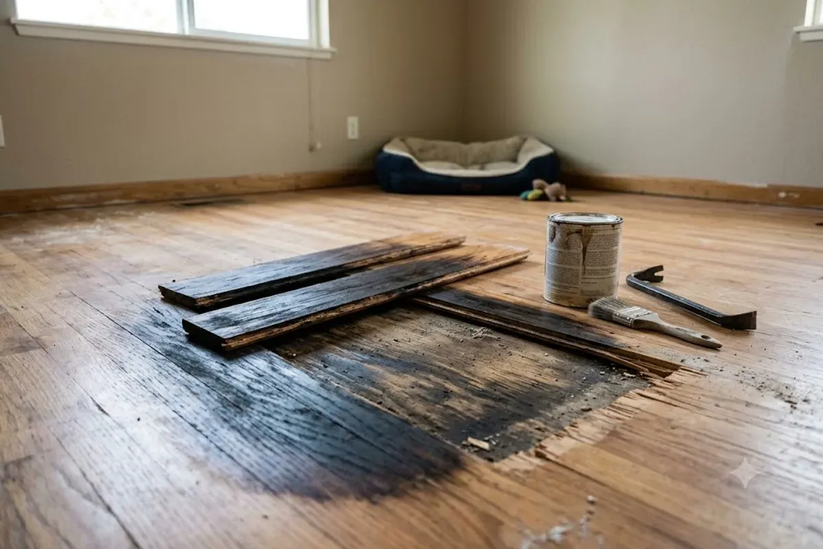 Pet-stained hardwood boards cut out for replacement in Bakersfield, CA