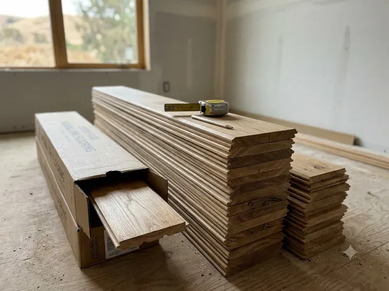 Prefinished hardwood planks staged for installation in a Bakersfield home