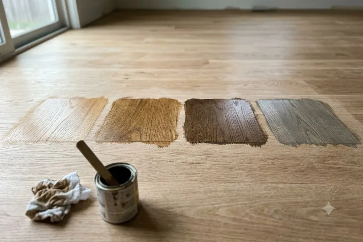 Stain color samples tested on a sanded oak floor in Bakersfield, CA