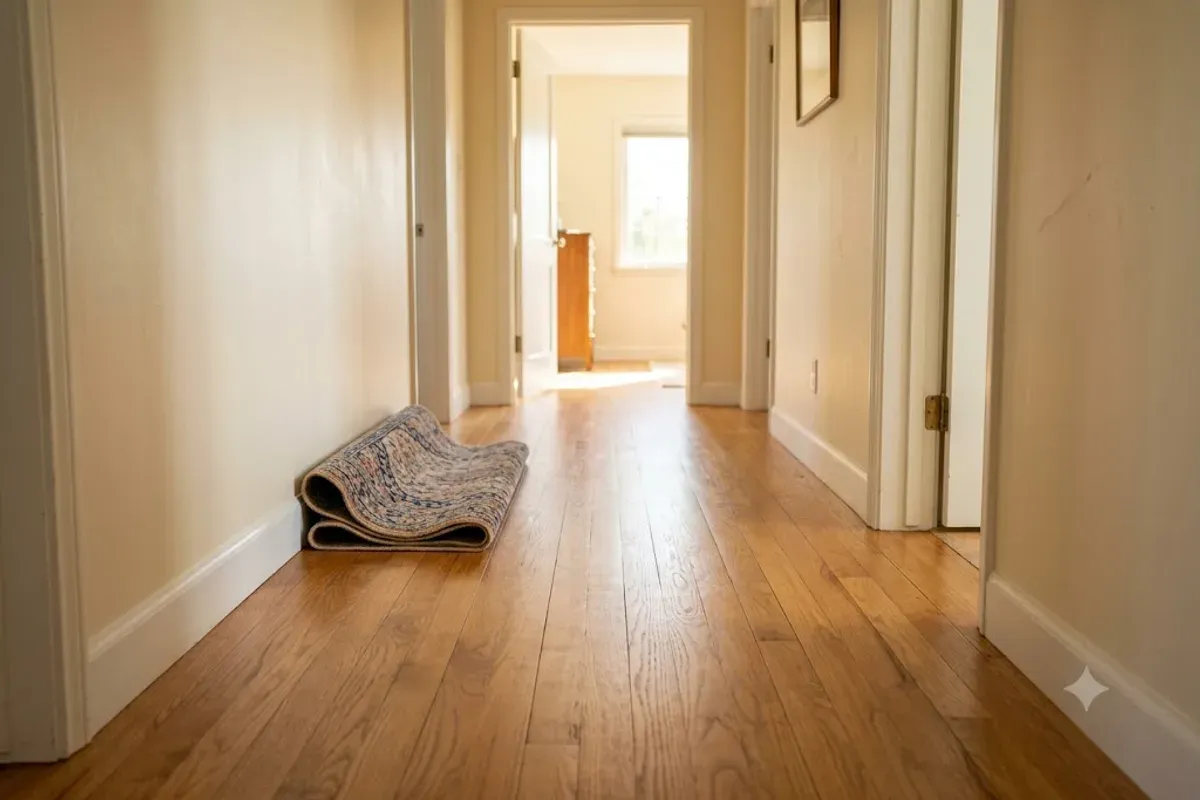 Restored hardwood floor with an invisible patch in a Bakersfield, CA hallway