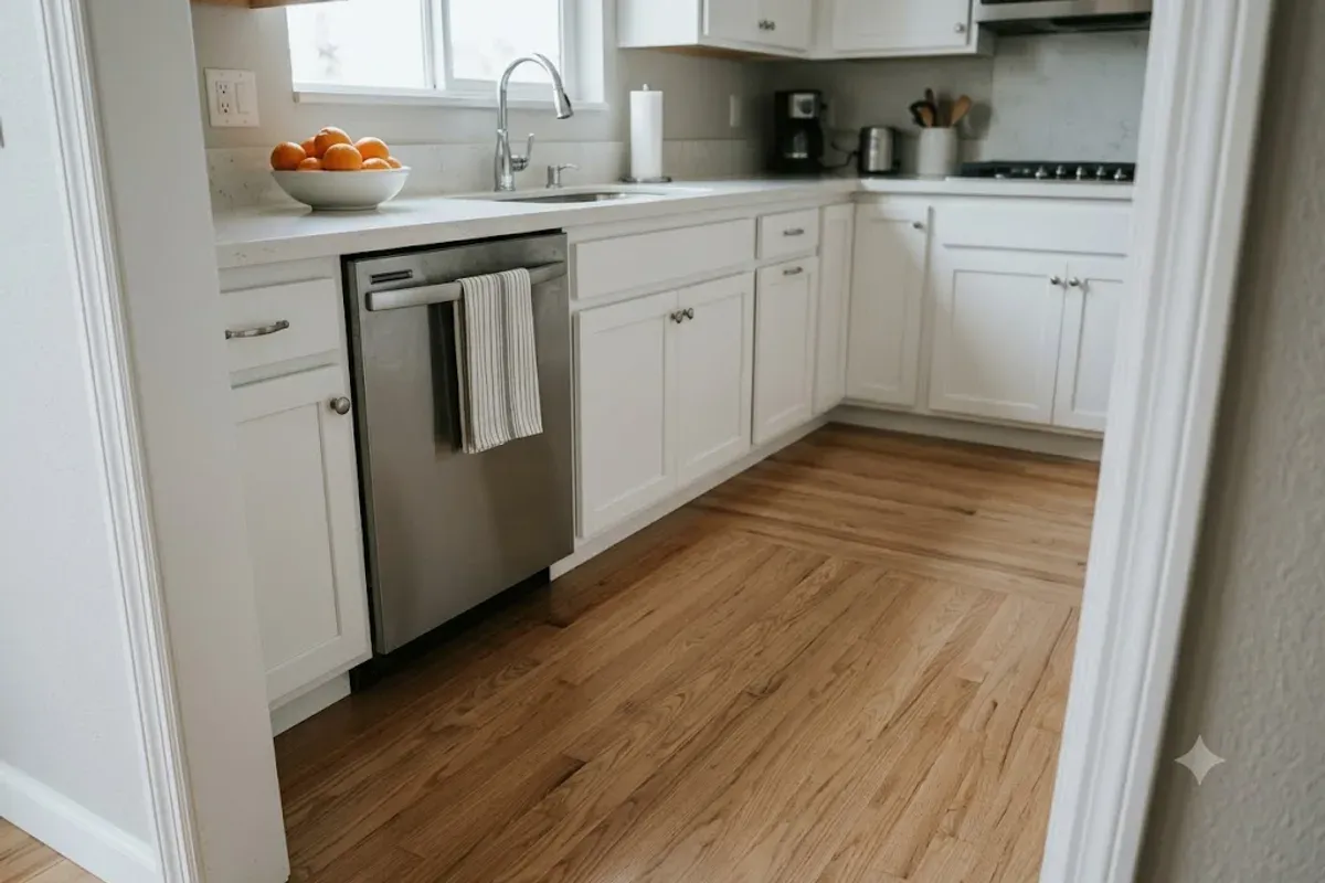 Kitchen hardwood floor restored after water damage in Bakersfield, CA