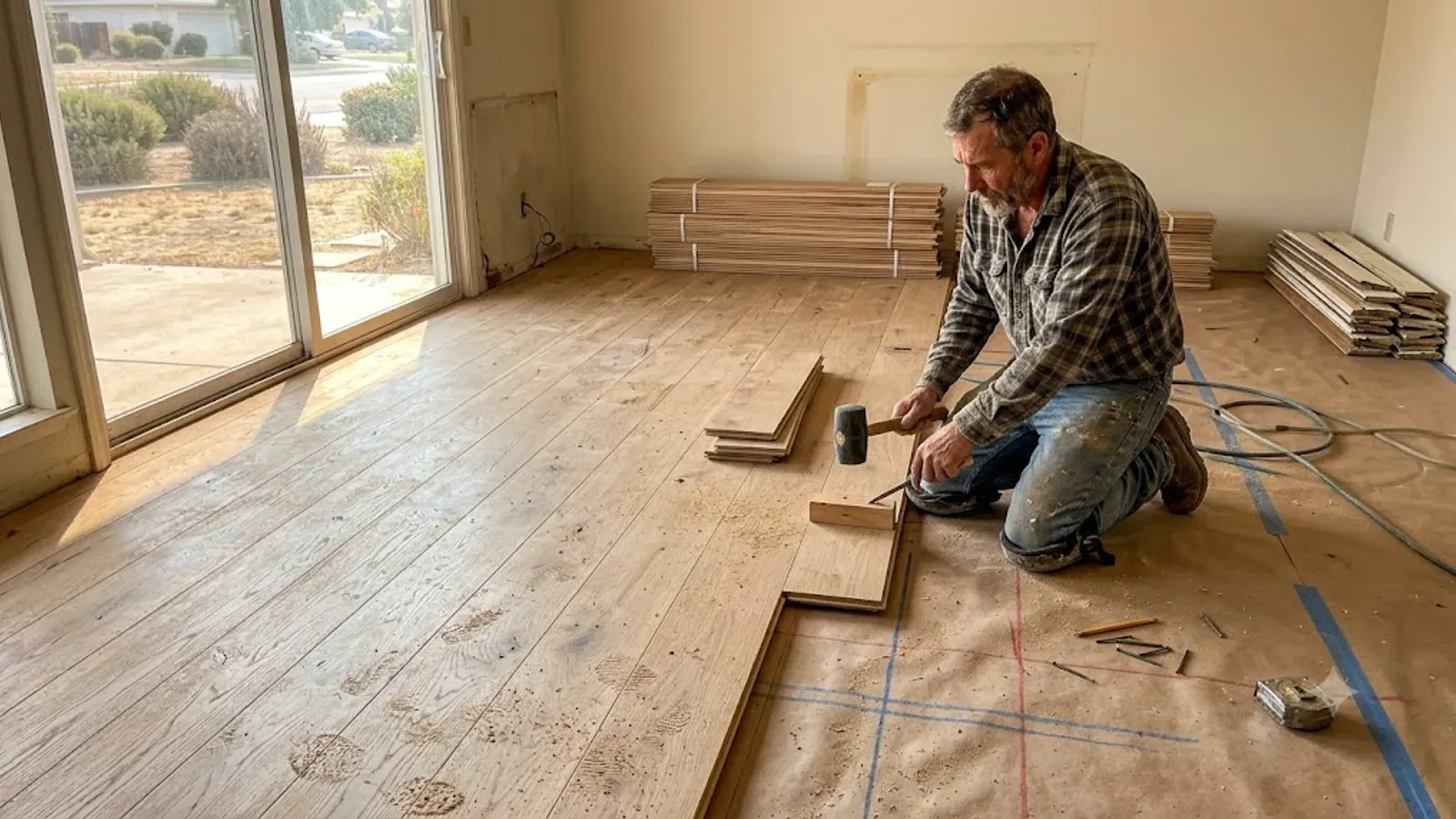 Wood floor installation in progress in a Bakersfield, CA home