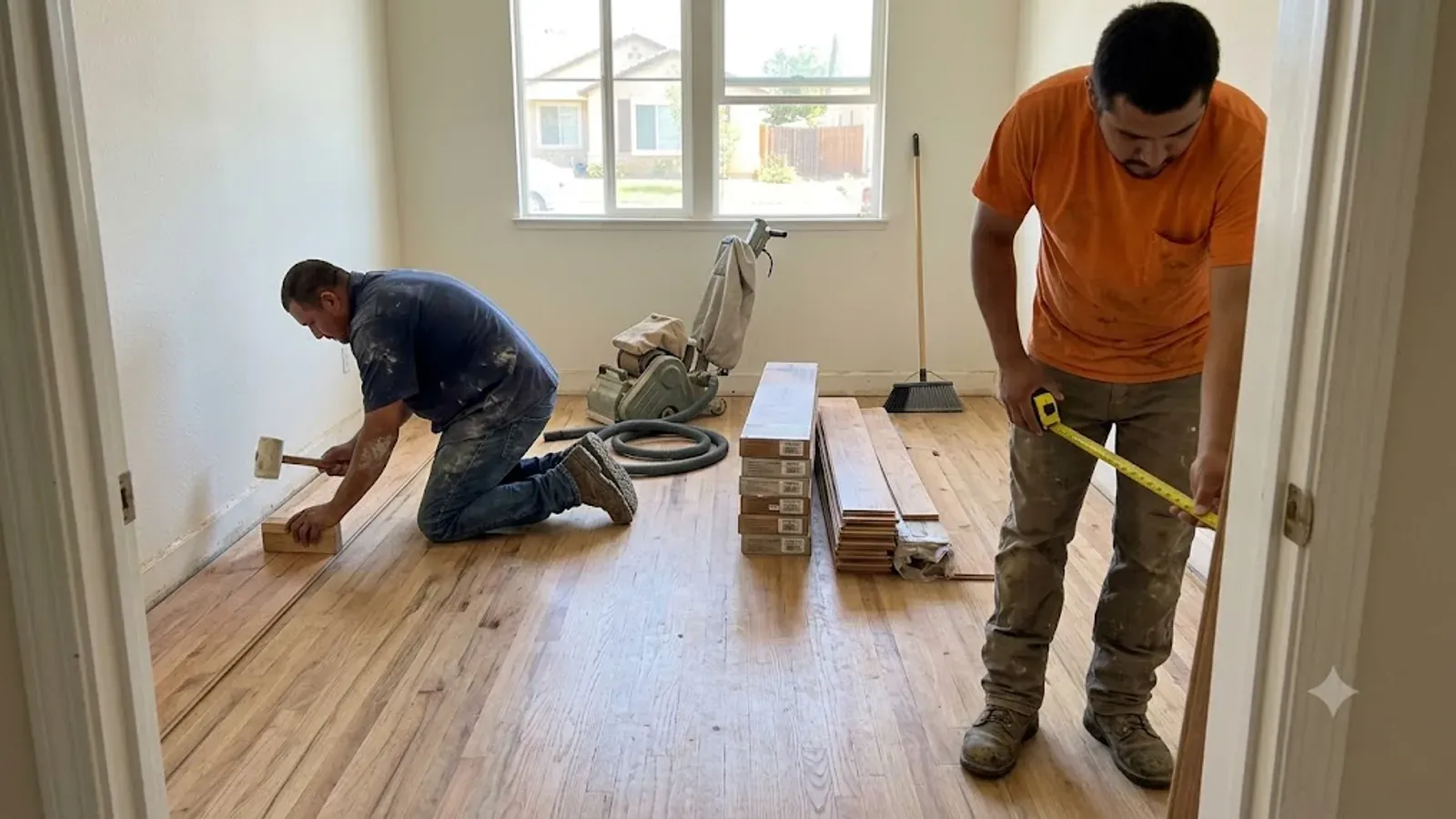 Wood flooring crew working across a Bakersfield, CA home