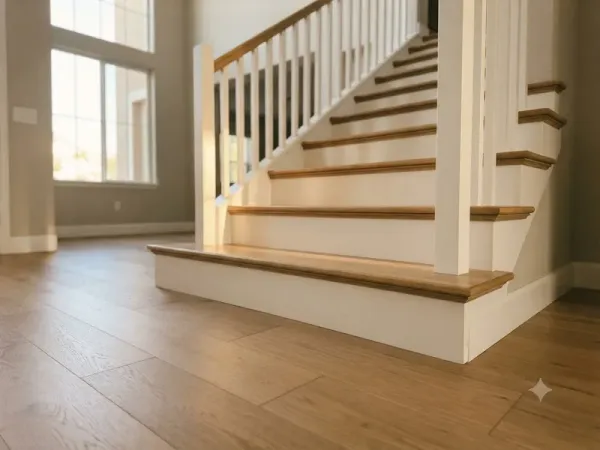 Hardwood stair treads matched to the floor in a Seven Oaks home, Bakersfield CA