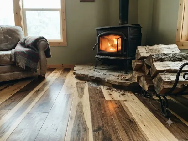 Hickory wood floor near a wood stove in a Tehachapi, CA home