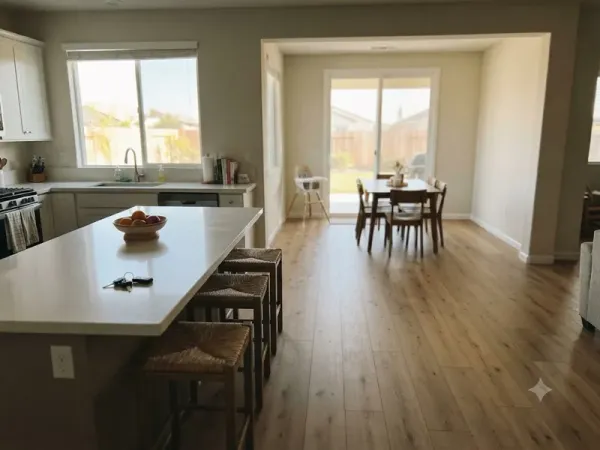Wood floor running from kitchen to dining in a Tevis Ranch home, Bakersfield CA